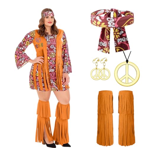 LGZIN Hippie Damen Kleid, Übergröße 70er Jahre Bekleidung Damen, 60er 70er Hippie Kleidung Damen mit Hippie Accessoires, 70er Jahre Bekleidung Damen für Karneval Halloween Cosplay von LGZIN