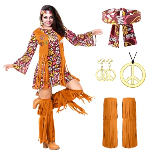 Hippie Damen Kleid Große Größen, Übergröße 70er Jahre Bekleidung Damen, 60er 70er Hippie Kleidung Damen mit Hippie Accessoires, Faschingskostüm Große Größen für Karneval Halloween Cosplay(XXL/XXXL) von LGZIN