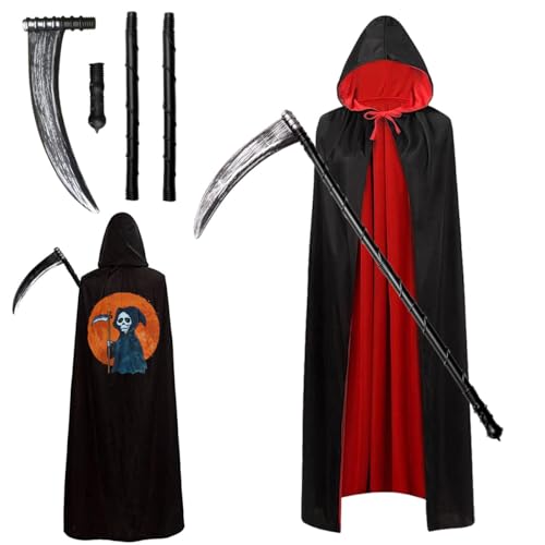 LGZIN Halloween Sensenmann Kostüm, Halloween Umhang mit Sense, Schwarz Rot Doppelseitig Sensemann Umhang Set, Grim Reaper Kostüm, Halloween Umhang Set für Karneval Cosplay, Unisex Umhang von LGZIN