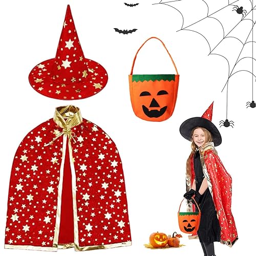 LGZIN Kinder Halloween Kostüm, Witch Umhang, Wizard Cape mit Hut und Kürbis Candy Bag, Zauberer Mantel mit Requisiten für Jungen Mädchen Cosplay Party(Rot) von LGZIN