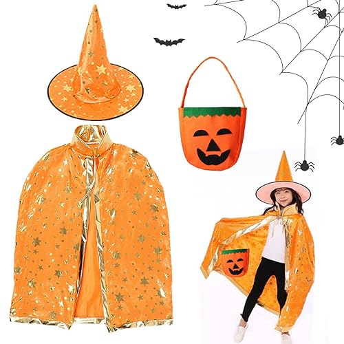 LGZIN Kinder Halloween Kostüm, Witch Umhang, Wizard Cape mit Hut und Kürbis Candy Bag, Zauberer Mantel mit Requisiten für Jungen Mädchen Cosplay Party (Orange) von LGZIN