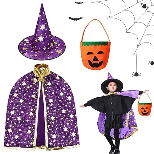 LGZIN Kinder Halloween Kostüm, Witch Umhang, Wizard Cape mit Hut und Kürbis Candy Bag, Zauberer Mantel mit Requisiten für Jungen Mädchen Cosplay Party (Violett) von LGZIN