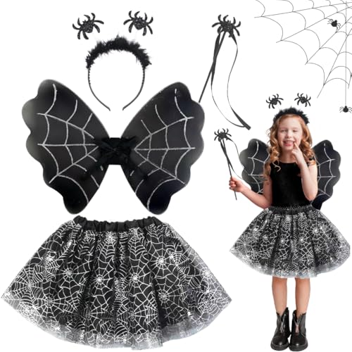 LGZIN Fledermaus Kostüm Kinder, 4 Stück Halloween Fledermaus Kostüm Kinder Set mit Fledermaus Flügel, Tutu Rock, Zauberstab und Haarreif, Fledermaus Kostüm Set für Halloween, Karnevals von LGZIN