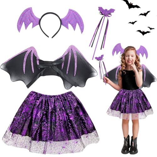 LGZIN Fledermaus Kostüm Kinder, 4 Stück Halloween Fledermaus Kostüm Kinder Set mit Fledermaus Flügel, Tutu Rock, Zauberstab und Haarreif, Fledermaus Kostüm Set für Halloween, Karnevals von LGZIN