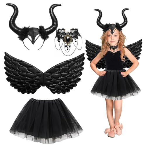 LGZIN Königin Hörner Kostüm Kinder, 4 Stück Maleficent Kostüm Mädchen mit Hörner Kopfschmuck, Kostüm Kind Tutu, Schwarzen Engelsflügeln, Halskette für Kostümparty Karneval Halloween Party von LGZIN