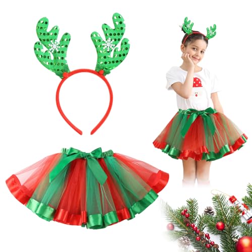 LGZIN Weihnachtskostüm Kinder Mädchen, Weihnachtself Kostüm Kinder, Rentier Kostüm Kinder Mädchen mit Rot&Grün Tutu Rock und Rentier Haarreif, Kostüm Accessoires für Weihnachten, Geburtstag Cosplay von LGZIN