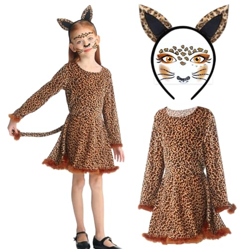 LGZIN Leoparden Kostüm Kinder, Leoparden Kleid Kostüm Set für Mädchen mit Leoparden Ohren Haarreif, Leopard Gesicht Aufkleber, Leopard Verkleiden Set für Faschingskostüme Kinder Karneval Party von LGZIN