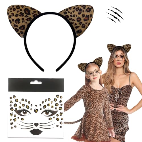 LGZIN Leoparden Kostüm Set, Leoparden Kostüm Damen Kinder, Leoparden Gesichtstattoo + Tier Leopard Stirnband, Leoparden Kostüm Zubehör für Fasching, Karneval, Maskerade, Party Animals von LGZIN