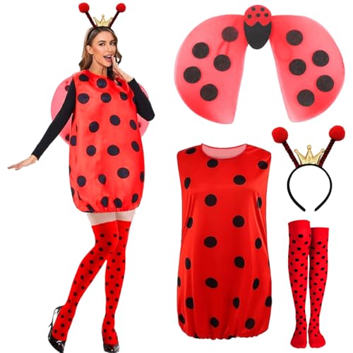 LGZIN Marienkäfer Kostüm Damen, Marienkäfer-Kostüm für Erwachsene, Cosplay Marienkäfer Damenkleid mit Haarreif Marienkäfer, Beinärmel und Flügel für Karneval Halloween Dress Up Party Cosplay von LGZIN