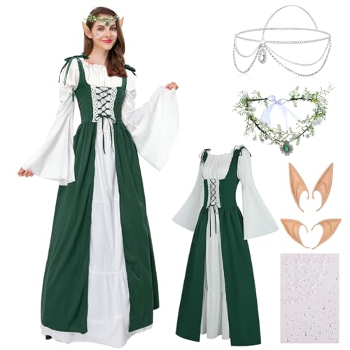 LGZIN Mittelalter Kleid Damen, Renaissance Kleid Damen, Gothic Kleidung Damen mit Elfenohren Kopfschmuck und Kristall Aufkleber, Mittelalter Kostüme Damen mit Trompetenärmel für Karneval Halloween von LGZIN