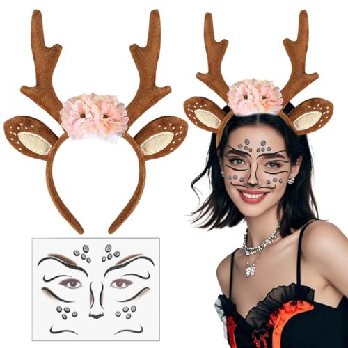 LGZIN Reh Haarreif Damen Mädchen, Haarreif Reh Geweih Hörner mit Blumen + Reh Gesichtstattoo, Rentier Haarreif mit Ohren, Rentier Reh Kostüm Accessoires für Weihnachten Fasching Mottoparty Cosplay von LGZIN