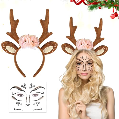 LGZIN Reh Haarreif Damen Mädchen, Haarreif Reh Geweih Hörner mit Blumen + Reh Gesichtstattoo, Rentier Haarreif mit Ohren, Rentier Reh Kostüm Accessoires für Weihnachten Fasching Mottoparty Cosplay von LGZIN