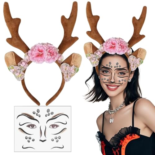 LGZIN Reh Haarreif Damen Mädchen, Haarreif Reh Geweih Hörner mit Blumen + Reh Gesichtstattoo, Rentier Haarreif mit Ohren, Rentier Reh Kostüm Accessoires für Weihnachten Fasching Mottoparty Cosplay von LGZIN