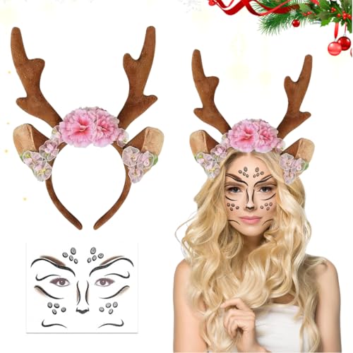 LGZIN Reh Haarreif Damen Mädchen, Haarreif Reh Geweih Hörner mit Blumen + Reh Gesichtstattoo, Rentier Haarreif mit Ohren, Rentier Reh Kostüm Accessoires für Weihnachten Fasching Mottoparty Cosplay von LGZIN