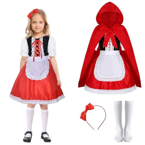 LGZIN Rotkäppchen Kostüm Kinder, Rot Kostüm Mädchen, Rot Umhang Kleid Kinder mit Schürze Stirnband und Socken, Kostüm Rotkäppchen Mädchen für Halloween Cosplay Karneval Mottoparty von LGZIN