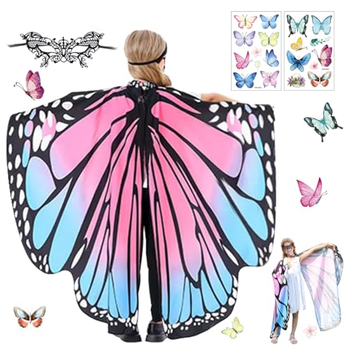 LGZIN Schmetterlingsflügel Kinder, Schmetterling Kostüm Kinder, Schmetterling Sling Umhang mit Maske und Schmetterlingsaufkleber, Schmetterling Flügel Kostüm für Halloween Karneval Cosplay von LGZIN