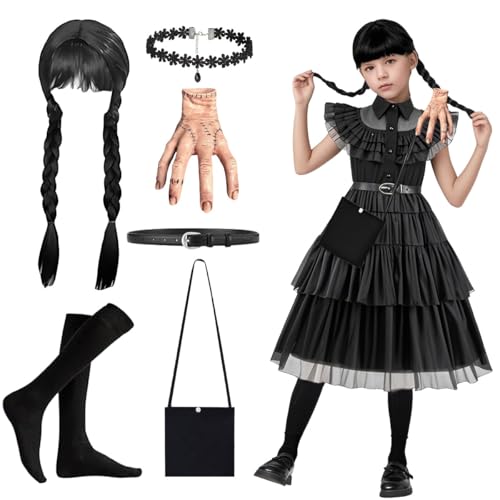 LGZIN Mittwoch Kostüm Kinder, Mittwoch Kostüm Kleid für Mädchen mit Accessoires, Kinder Gothic Uniform Outfit, Mädchen Wed Kostüm, Karneval Kinder Kostüm Mädchen für Familie Cosplay 4–8 Jahren von LGZIN