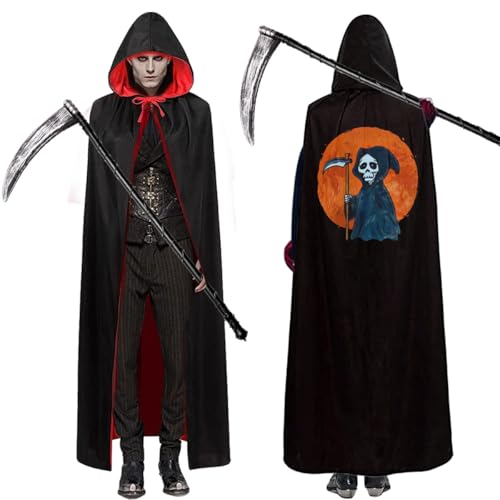 LGZIN Sensenmann Umhang, Halloween Umhang mit Kapuze, Schwarz Rot Doppelseitig Kostüm Umhang mit Sense, Halloween Mantel Erwachsene, Sensenmann Kapuzenumhang für Halloween Karneval Cosplay von LGZIN