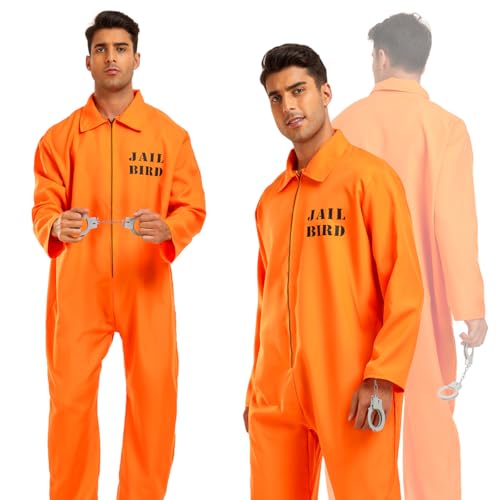 LGZIN Herren Gefangener Kostüm, Häftling Kostüm Herren mit Handschellen, Orange Sträfling Kostüm, Orange GefäNgnis Kostüm Herren, Orange Overall Prisoner Costume für Cosplay Karneval Party Deko von LGZIN