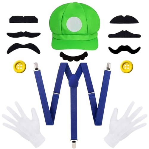 LGZIN Super Brothers Kostüm Zubehör, Super Bros Hut Schnurrbart Handschuhe Knöpfe Hosenträger Set für Faschingkostüme Cosplay Mottoparty Kostüm für Erwachsene Kinder Damen Herren von LGZIN