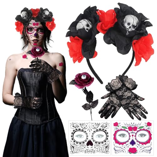 LGZIN Tag der Toten Haarreif Halloween, Dia de los Muertos Haarreif mit 2 Halloween Gesichtstattoos, Spitzenhandschuhe und Künstliche Rose, Kostüm Damen Haarschmuck für Halloween Karneval Fasching von LGZIN