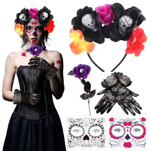 LGZIN Tag der Toten Haarreif Halloween, Dia de los Muertos Haarreif mit 2 Halloween Gesichtstattoos, Spitzenhandschuhe und Künstliche Rose, Kostüm Damen Haarschmuck für Halloween Karneval Fasching von LGZIN