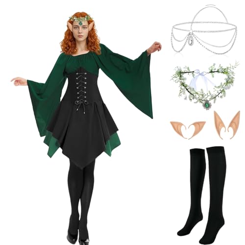 LGZIN Traditionelles Irisches Kleid, Damen Mittelalter Kleid, Mittelalter Gothic Kleidung Damen, Renaissance Elfen Kostüm mit Kopf Kette Blumenkranz Elfenohren Socken für Halloween Karneval Cosplay von LGZIN