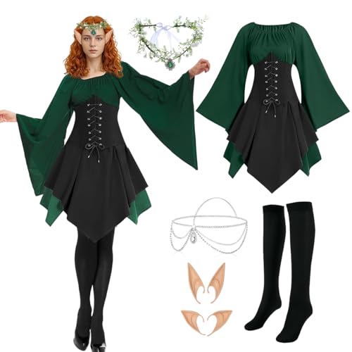 LGZIN Traditionelles Irisches Kleid, Damen Mittelalter Kleid, Mittelalter Gothic Kleidung Damen, Renaissance Elfen Kostüm mit Kopf Kette Blumenkranz Elfenohren Socken für Halloween Karneval Cosplay von LGZIN