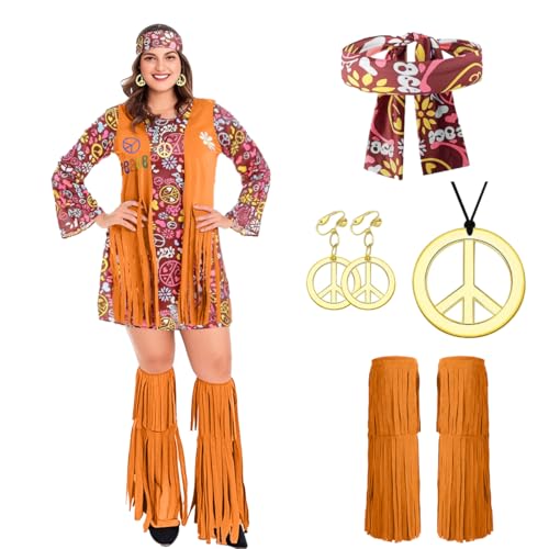 LGZIN Hippie Kleid Damen Große Größen, Übergröße Hippie Kleidung, 60er 70er Jahre Bekleidung Damen, 70er Jahre Outfit Damen Hippie, Faschingskostüm Große Größen für Karneval Cosplay (XXL/XXXL) von LGZIN