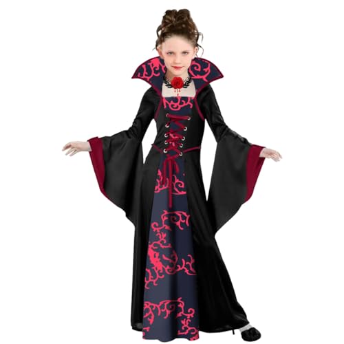 LGZIN Vampir Kostüm Kinder Mädchen, Gothic Vampirkostüm Halloween, Vampir Kleid Verkleidung mit Halskette, Kinder Vampirkönigin Kostüm, Royal Dracula Kostüm für Halloween Fasching Karneval Cosplay von LGZIN