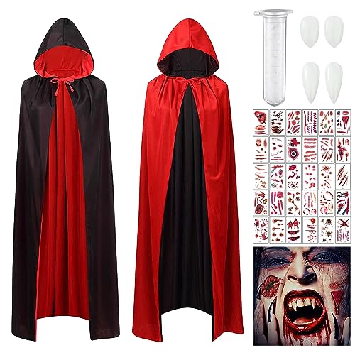 LGZIN Vampir Umhang, Vampir Kostüme halloween, Umhang Schwarz Rot Cape 140 cm mit Vampir Zähne und 30 Narbentattoo, Kapuzenumhang Schwarz Rot Doppelseitig,Vampir Dämonen Umhang Für Halloween Kostüm von LGZIN