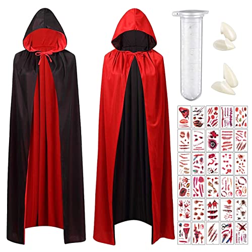 LGZIN Vampir Umhang Schwarz Rot mit Kapuze (90cm), Vampir Halloween Kostüm, Kapuzenumhang Schwarz Rot Doppelseitig, 3 x Vampirzähne, 30 x Temporäre Tattoos, Halloween Karneval Kostüm von LGZIN