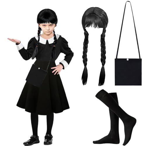 LGZIN Mittwoch Kostüm Kinder, 4 Stück Mittwoch Kostüm Kleid für Mädchen, Mittwoch Kostüm Mädchenkleid mit Perücke, Strumpf und Tasche, Familie Cosplay Outfit für Karneval Halloween von LGZIN