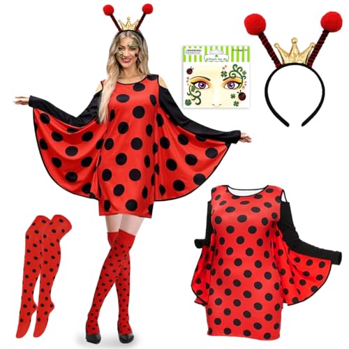 Marienkäfer Kostüm Damen, Marienkäfer-Kostüm für Erwachsene, Cosplay Marienkäfer Damenkleid mit Haarreif, Beinärmel und Gesichts Tattoo, Karneval Kostüm Damen für Halloween Dress Up Party Cosplay von LGZIN