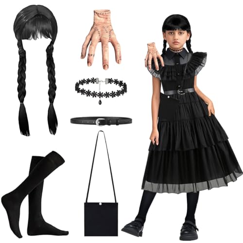 Mittwoch Kostüm Kinder, Mittwoch Kostüm Kleid für Mädchen, Schwarz Gotisch Kostüm mit Perücke, Strumpf, Gürtel, Halskette, Tasche und Mittwoch Hände, Familie Cosplay Outfit für Karneval Halloween von LGZIN