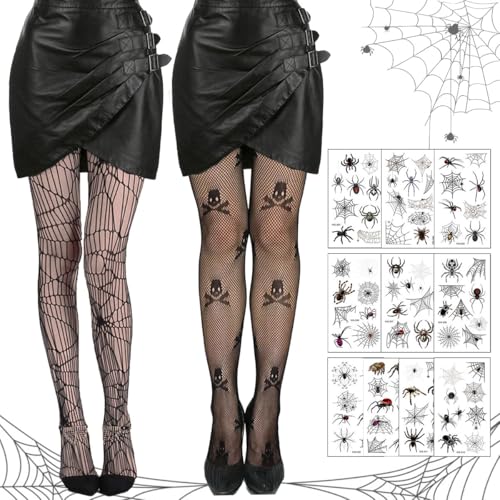 LGZIN Netzstrumpfhose Schwarz Halloween, 2 Paar Hohe Taille Mesh Strumpfhosen Strümpfe mit 10 Spinnentattoos, Strumpfhose Spinnennetz Halloween, Netzstrumpfhose Strumpfhosen für Halloween Karneval von LGZIN