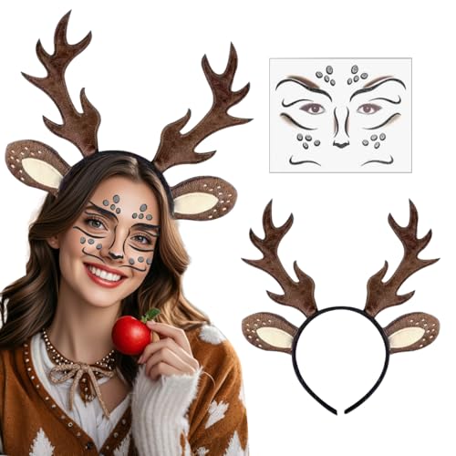 LGZIN Karneval Kostüm Damen Mädchen, Rentier Haarreif, Rentier Stirnband mit Ohren + Reh Gesichtstattoo, Reh Kostüm Kopfschmuck Haarreifen, Rentier Reh Kostüm Accessoires für Karneval Weihnachten von LGZIN