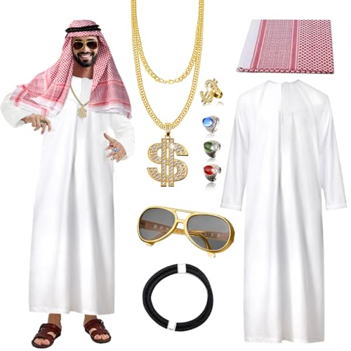 Scheich Kostüm Herren, Kostüm Scheich Araber, Arabisches Gewand mit Kopftuch, Sonnenbrillen, Finger Ring, Halsketten, Kopfbedeckung Seil, Karneval Araber Kostüm, Faschingskostüm Araber für Cosplay von LGZIN