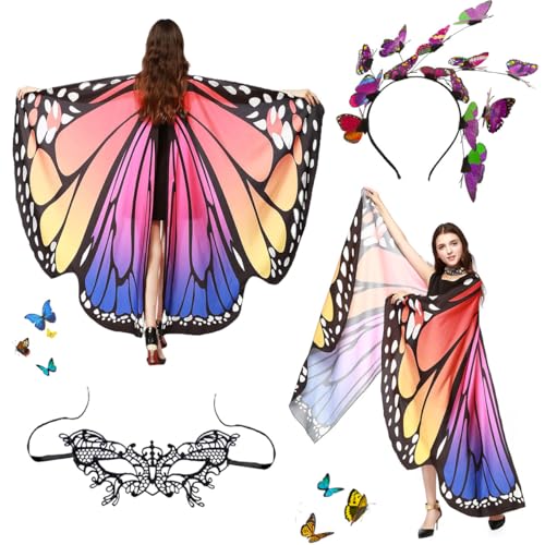 Schmetterling Umhang Damen, Schmetterling Damen Flügel mit Schmetterling Haarreif und Spitzenmaske, Schmetterling Kostüm Damen, Schmetterlingsflügel Kostüm für Karneval Party Cosplay Weihnachten von LGZIN