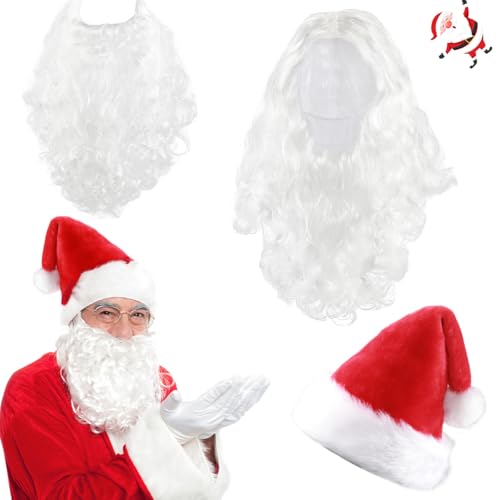 Weihnachtsmann Perücke + Weihnachtsmann Bart + Weihnachtsmann Mütze, Weiße Santa Beard und Perücke Set, Perücke zum Verkleiden als Nikolaus für Karneval Urlaub Party von LGZIN