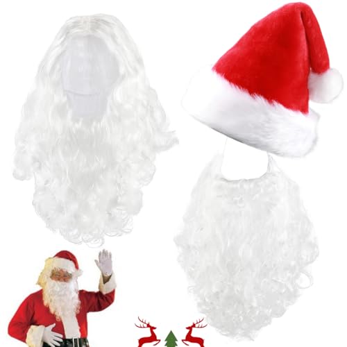 Weihnachtsmann Perücke + Weihnachtsmann Bart + Weihnachtsmann Mütze, Weiße Santa Beard und Perücke Set, Perücke zum Verkleiden als Nikolaus für Karneval Urlaub Party von LGZIN