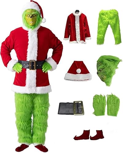 LHBM 7 Stk Weihnachtsmann Kostüm Santa Costume Set, Inklusive Mask Grinch Green Monster Suit Für Erwachsene, Weihnachtsfeier Cosplay Kostüm Mottoparty, Für Karneval Weihnachten Cosplay 2XL von LHBM