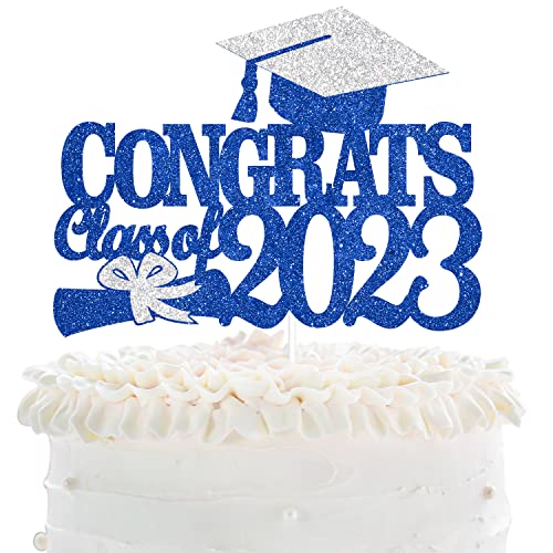 Congrats Grade 2023 Abschluss-Tortenaufsatz – Senior Klasse of 2023 Grad Party Blau Silber Glitzer Grad Cap Cake Topper – 2023 Abschlussfeier Party Dekoration von LHCING