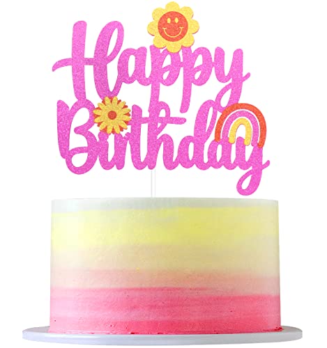 Groovy Happy Birthday Kuchendekoration – Retro Hippie Boho Regenbogen Blume Gänseblümchen Kuchendekoration – zwei rillen Partydekorationen für Mädchen von LHCING