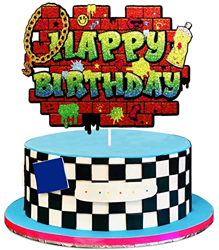 Hip Hop Graffiti Happy Birthday Cake Topper - 80s 90s Decade Throwback Birthday Glitter Graffiti Wall Cake Topper - Retro 1980s 1990s Music Punk Party Dekoration von LHCING