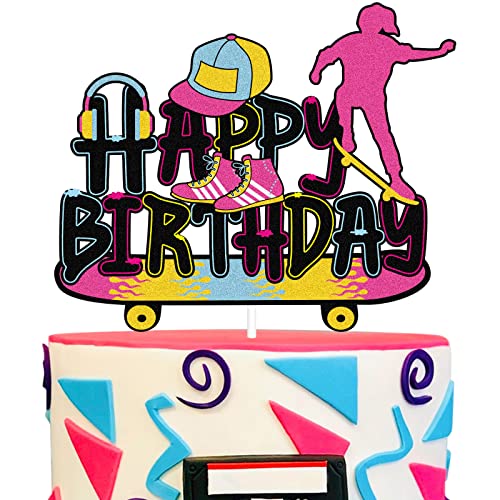 Mädchen Skateboard Happy Birthday Cake Topper - 80er Jahre Retro Geburtstag Party Glitzer Skateboard Kuchen Topper - Sport Skateboarden Geburtstag Party Kuchen Topper Dekoration von LHCING