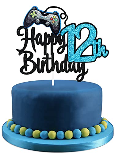 Videospiel Happy 12th Birthday Cake Topper – Videospiel Jungen 12. Geburtstag Party Blau Kuchen Supplies – Game On Level Up Gewinner Party Dekoration von LHCING