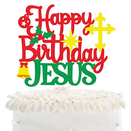 Weihnachten Happy Birthday Jesus Cake Topper - Frohe Weihnachten Jesus Happy Birthday Cake Topper - Weihnachten Feiertage Winter Geburtstag Rot Glitzer Tortenaufsatz Party Dekoration von LHCING