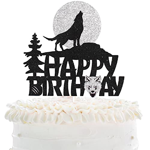 Wolf Happy Birthday Cake Topper - Timberwolf Hule Geburtstag Glitzer Vollmond Kuchen Topper - Dschungel Wilde Tier Party Jungen Mädchen Geburtstag Party Kuchen Topper Dekoration von LHCING