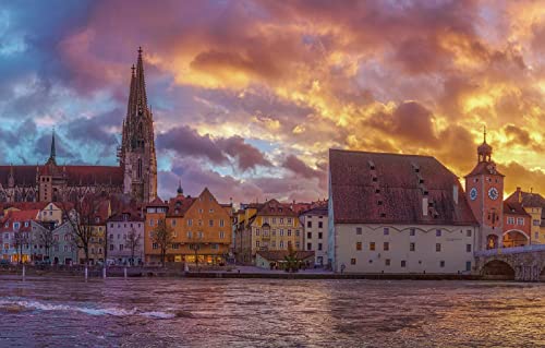 LHJOYSP Puzzle groß 3D Puzzle 1000 Teile Stadt Himmel Sonnenuntergang Brücke Fluss Architektur Deutschland Bayern Dom Bayern Regensburg 75x50cm von LHJOYSPSP